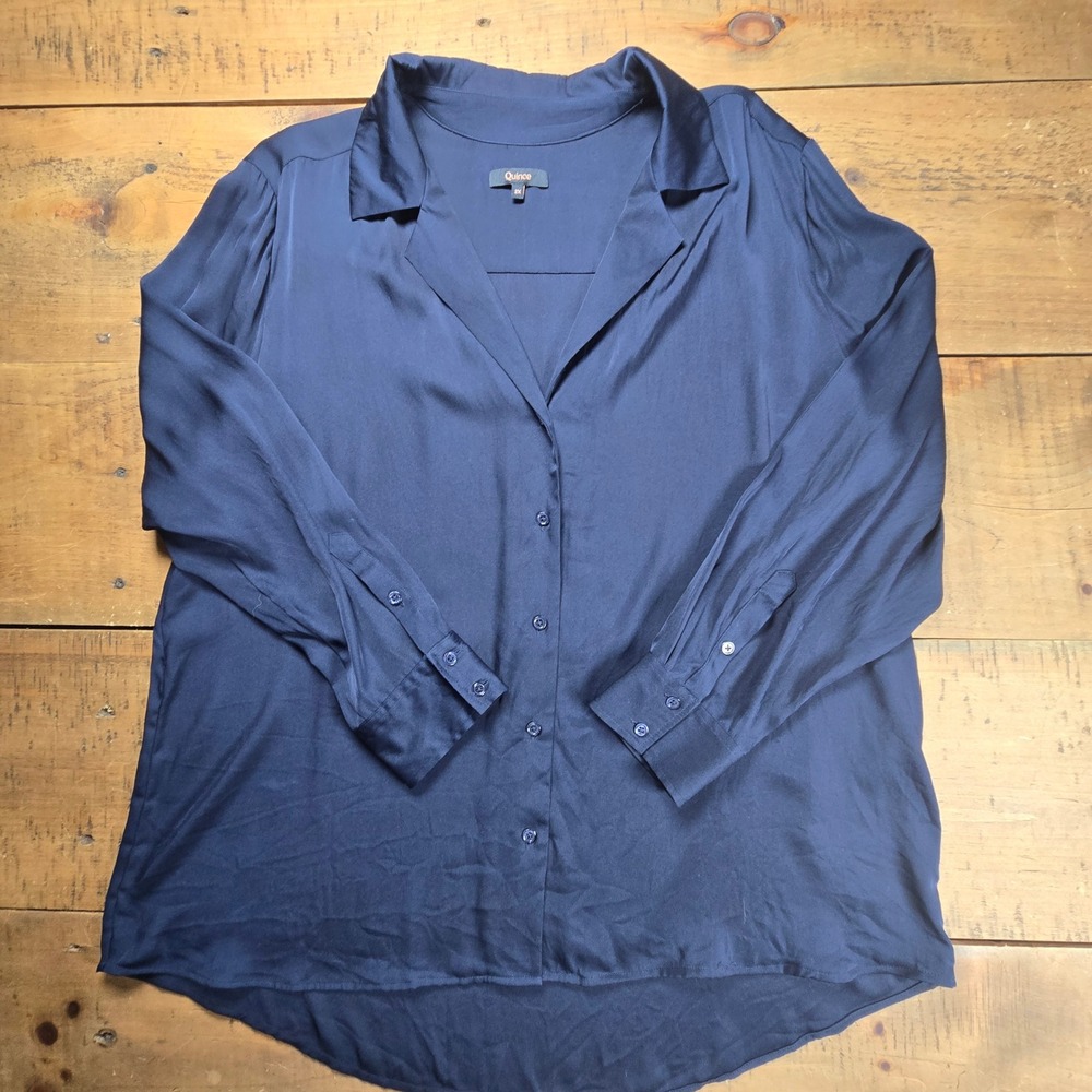 Quince Washable Stretch Silk Blouse Navy Blue Notch Collar Button Long Sleeve 2X
